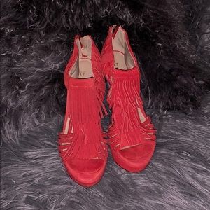 Fringe red open toe heels